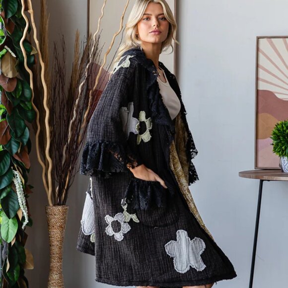 Oli & Hali Flower Patchwork Lace Ruffle Sleeve Duster Washed Black Size Medium - Picture 5 of 11